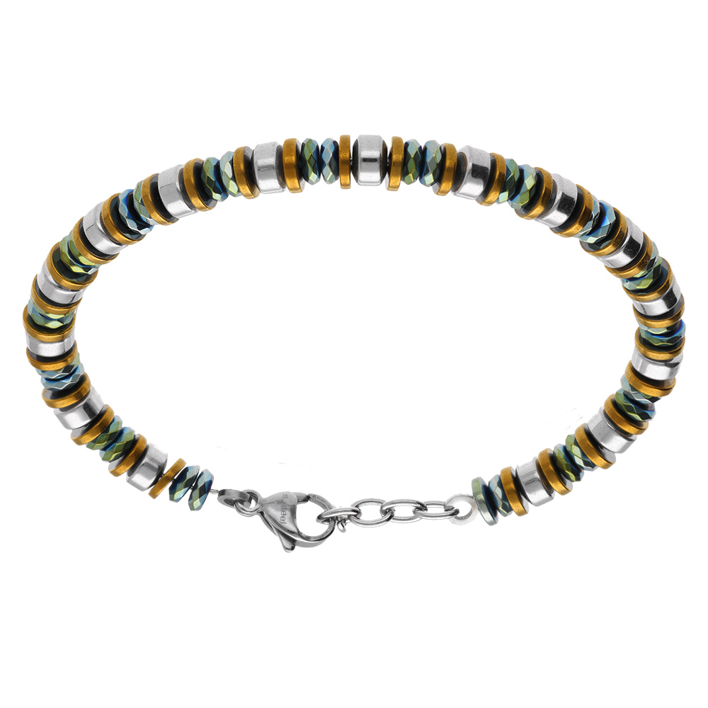 Bracelet en acier rondelles PVD vert et dor� jaune - 20+3cm - Vue 1