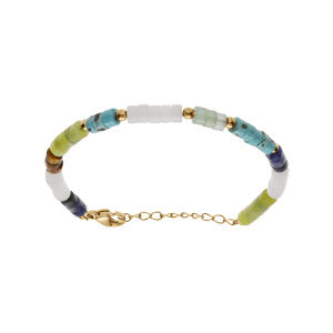 Bracelet en acier rondelles sodalite, olivine, quartz, oeil de tigre vritable et turquoise imitation 16+3cm - Vue 1
