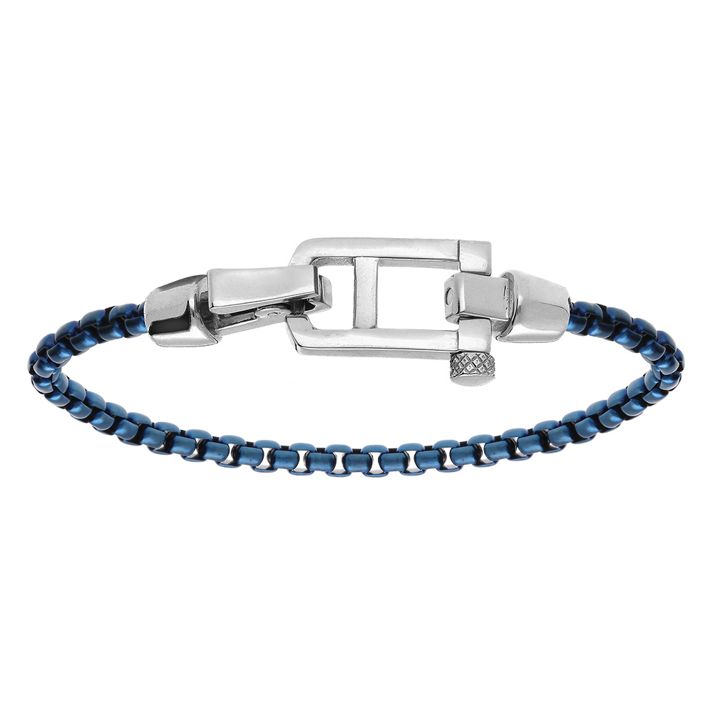 Bracelet en acier satin� maille jaseron PVD bleu fermoir acier brillant - 18cm - Vue 1