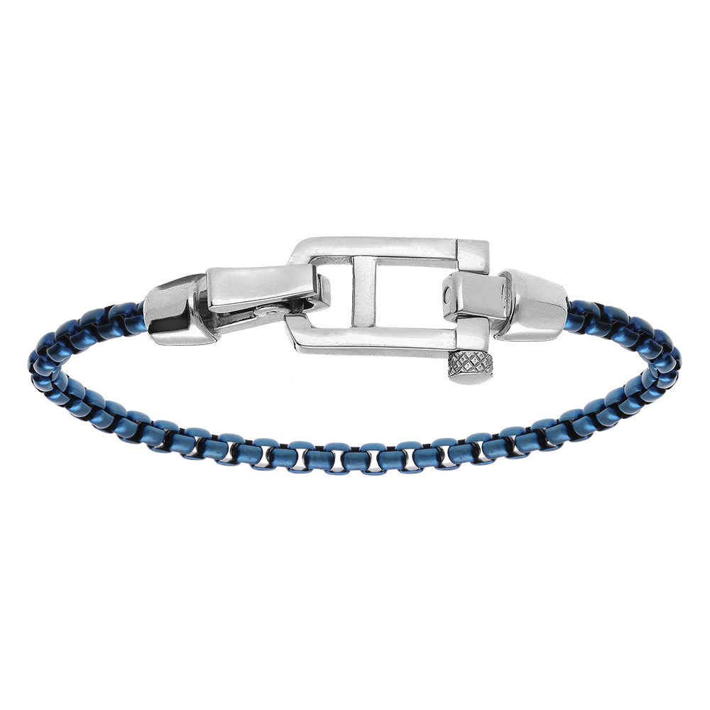 Bracelet en acier satin� maille jaseron PVD bleu fermoir acier brillant - 21cm - Vue 1