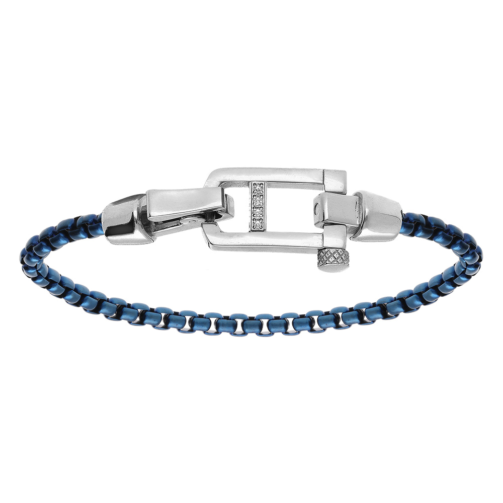 Bracelet en acier satin� maille jaseron PVD bleu fermoir acier brillant et oxydes blancs sertis -18cm - Vue 1