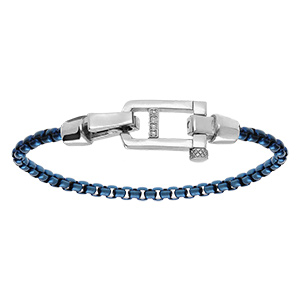 Bracelet en acier satin� maille jaseron PVD bleu fermoir acier brillant et oxydes blancs sertis -18cm