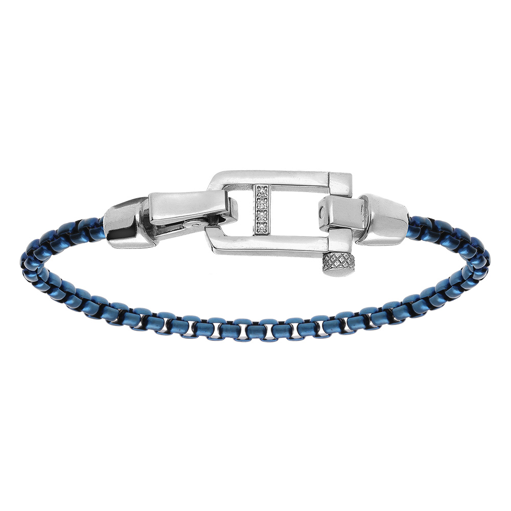 Bracelet en acier satin� maille jaseron PVD bleu fermoir acier brillant et oxydes blancs sertis - 21cm - Vue 1