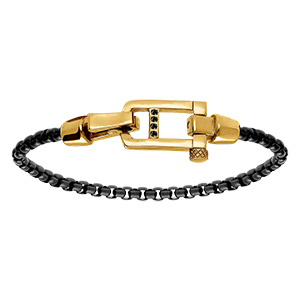 Bracelet en acier satin� maille jaseron PVD noir fermoir brillant dor� avec oxydes noirs sertis  - 21cm
