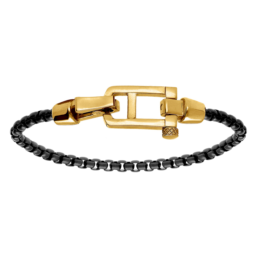 Bracelet en acier satin� maille jaseron PVD noir fermoir dor� brillant  - 21cm - Vue 1