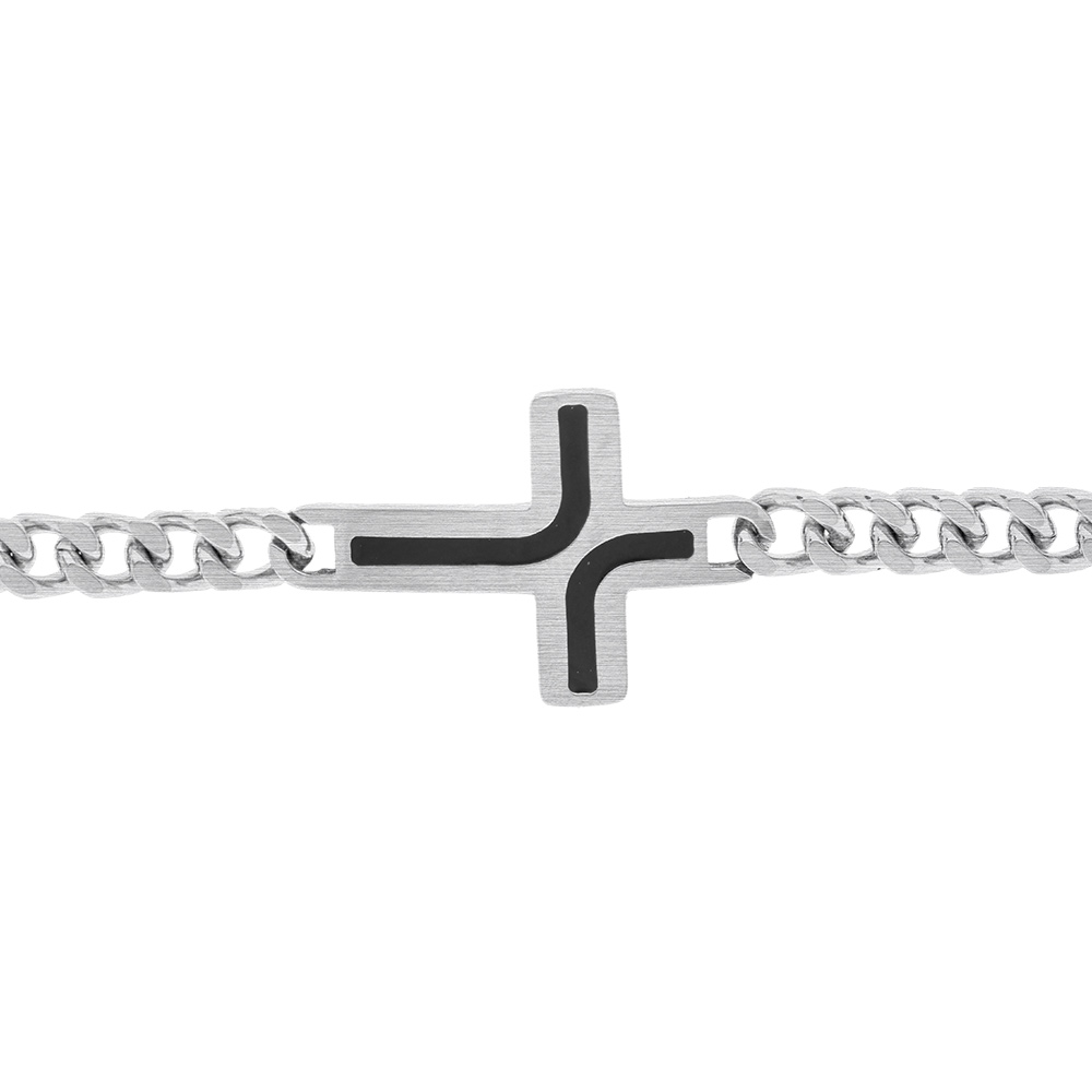 Bracelet en acier satin�e maille gourmette 5mm avec croix r�sine noire  - 21cm - Vue 1