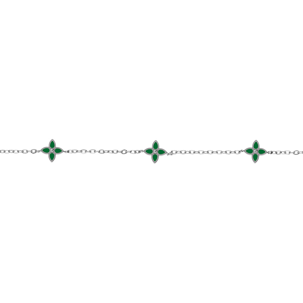 Bracelet en acier trois fleurs r�sine vert - 16+3cm - Vue 1