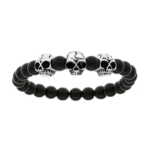 Bracelet en argent avec boules en pierre de lave noire brillante et 3 tête de mort - longueur 19cm - Vue 1