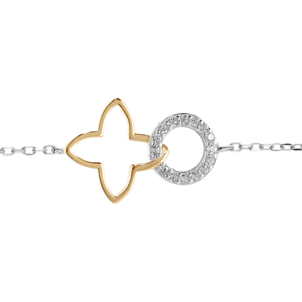 Bracelet en argent bicolore fleur decoup�e lisse et cercle entour� d\'oxydes blancs sertis - 16+2cm - Vue 1
