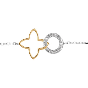 Bracelet en argent bicolore fleur decoup�e lisse et cercle entour� d'oxydes blancs sertis - 16+3cm