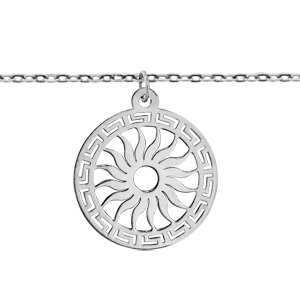 Bracelet en argent chane avec pampille rond dcoup en mandres grecs sur le tour et soleil au milieu - longueur 16cm + 3cm de rallonge - Vue 1