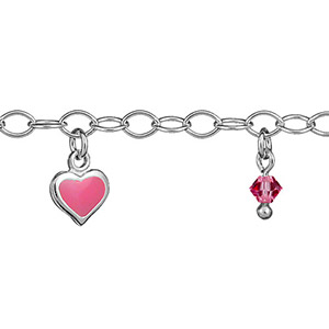 Bracelet en argent chaîne avec pampilles coeurs et oxydes roses alternés - longueur 16cm réglable - Vue 1