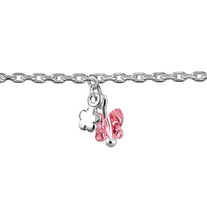 Bracelet en argent chane avec 3 pampilles papillons en oxyde rose et fleurs - longueur 18cm rglable - Vue 1