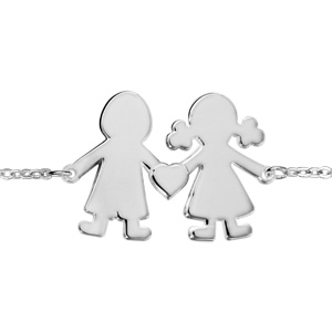 Bracelet en argent chane avec 1 petite fille et 1 petit garon relis par un coeur au milieu - longueur 16cm + 3cm de rallonge - Vue 1