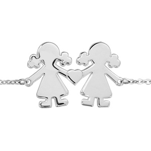 Bracelet en argent chane avec 2 petites filles relies par un coeur au milieu - longueur 16cm + 3cm de rallonge - Vue 1