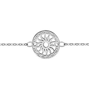 Bracelet en argent chaîne avec rond découpé en méandres grecs sur le tour et soleil au milieu - longueur 16cm + 3cm de rallonge - Vue 1