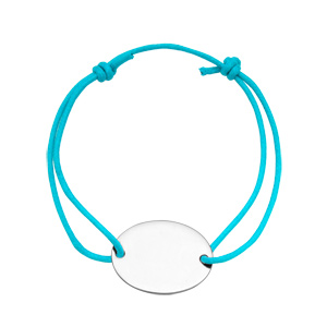 Bracelet en argent cordon coulissant bleu turquoise avec plaque ovale  graver - Vue 1