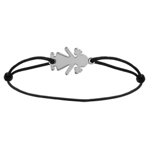 Bracelet en argent cordon noir coulissant avec petite fille simple au milieu - Vue 1