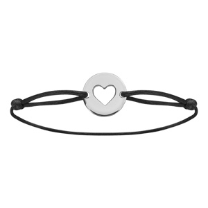 Bracelet en argent cordon noir coulissant avec rondelle troue en forme de coeur au milieu - Vue 1