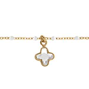 Bracelet en argent dor� boules r�sine blanche et  pampille tr�fle cristal blanc - 15+3cm