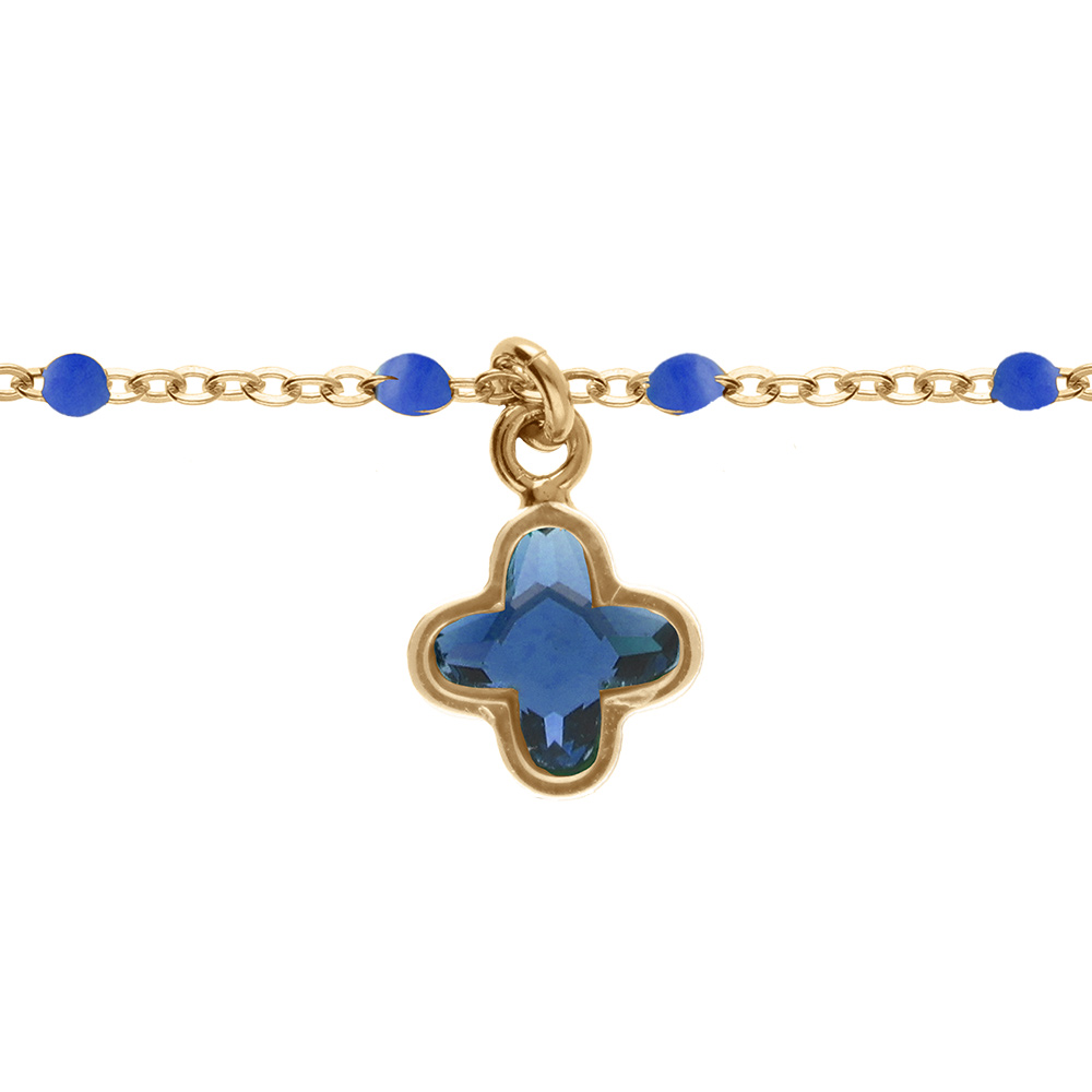 Bracelet en argent dor� boules r�sine bleue et pampille tr�fle cristal bleu - 15+3cm - Vue 1