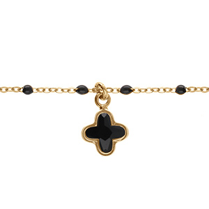 Bracelet en argent dor� boules r�sine noire et pampille tr�fle cristal noir - 15+3cm