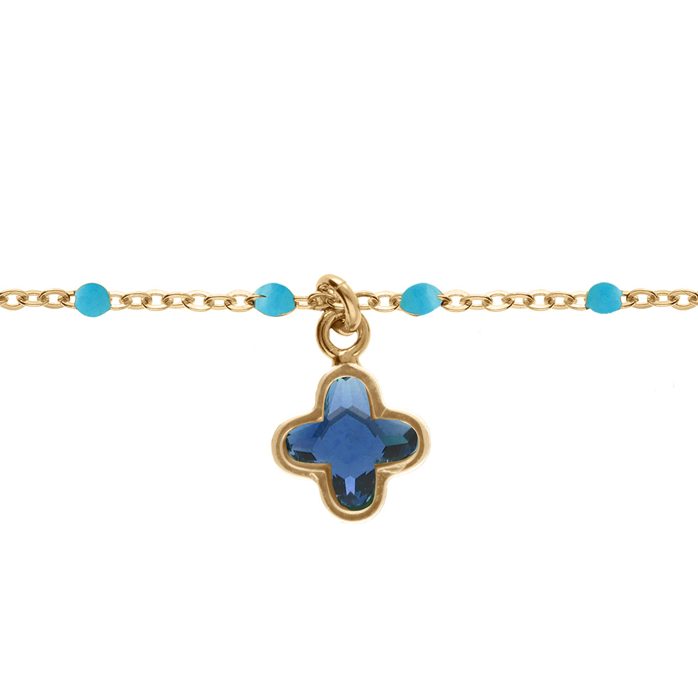 Bracelet en argent dor� boules r�sine turquoise et pampille tr�fle cristal bleu - 15+3cm - Vue 1