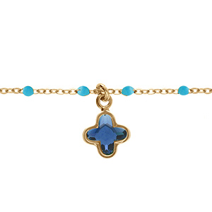 Bracelet en argent dor� boules r�sine turquoise et pampille tr�fle cristal bleu - 15+3cm