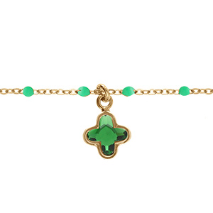 Bracelet en argent dor� boules r�sine verte et pampille tr�fle cristal vert - 15+3cm