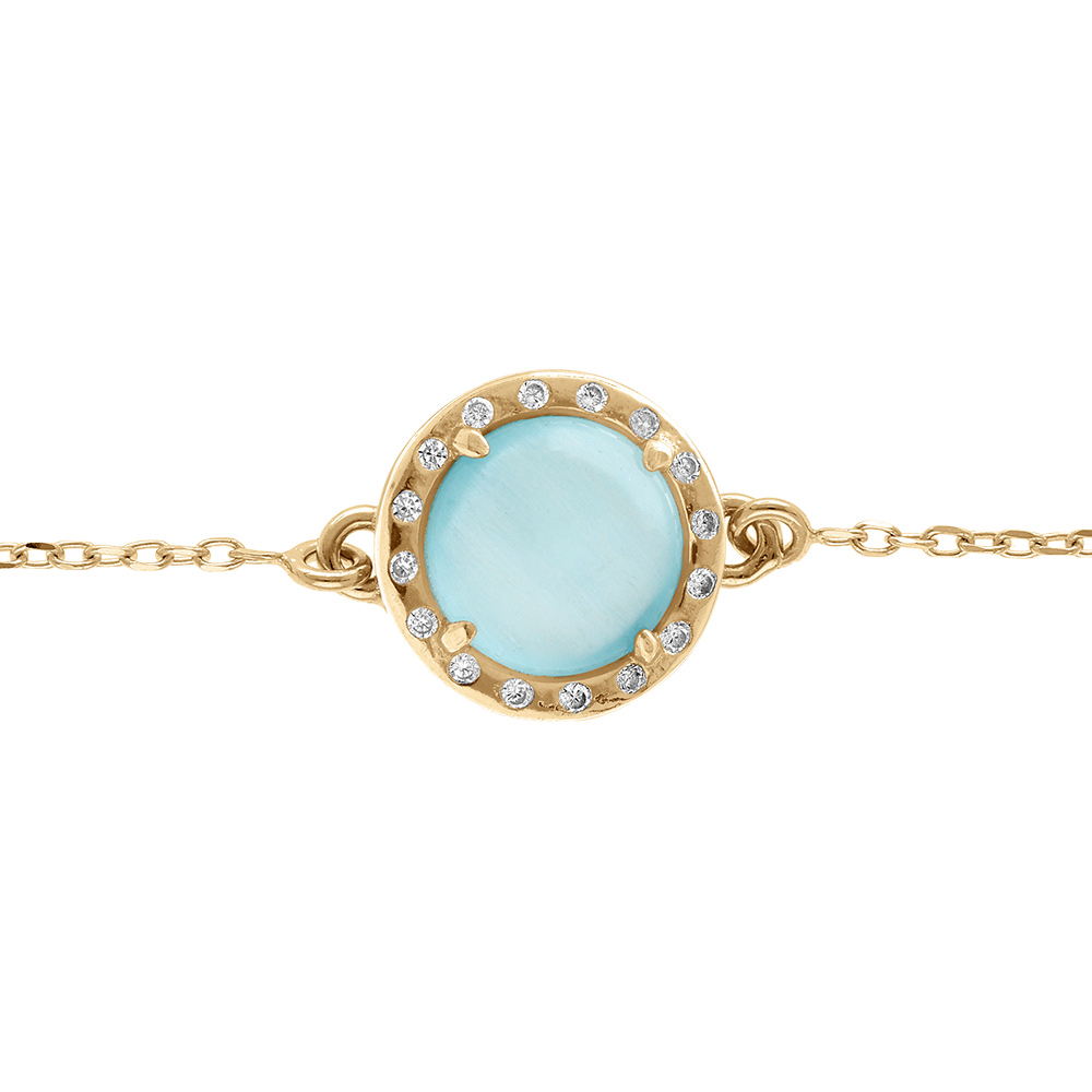 Bracelet en argent dor� cabochon bleu ciel -15+3cm - Vue 1