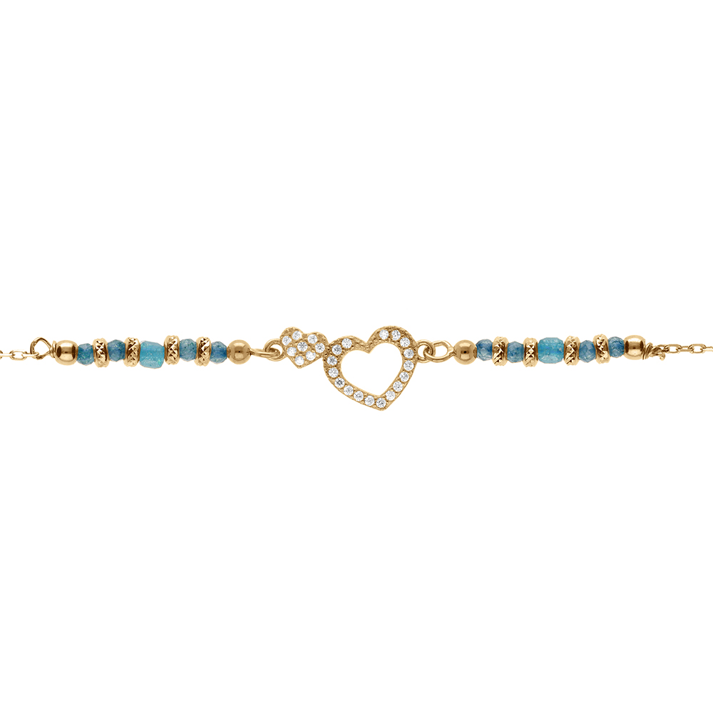 Bracelet en argent dor� coeur avec oxydes blancs sertis avec verre bleu - 16+3cm - Vue 1