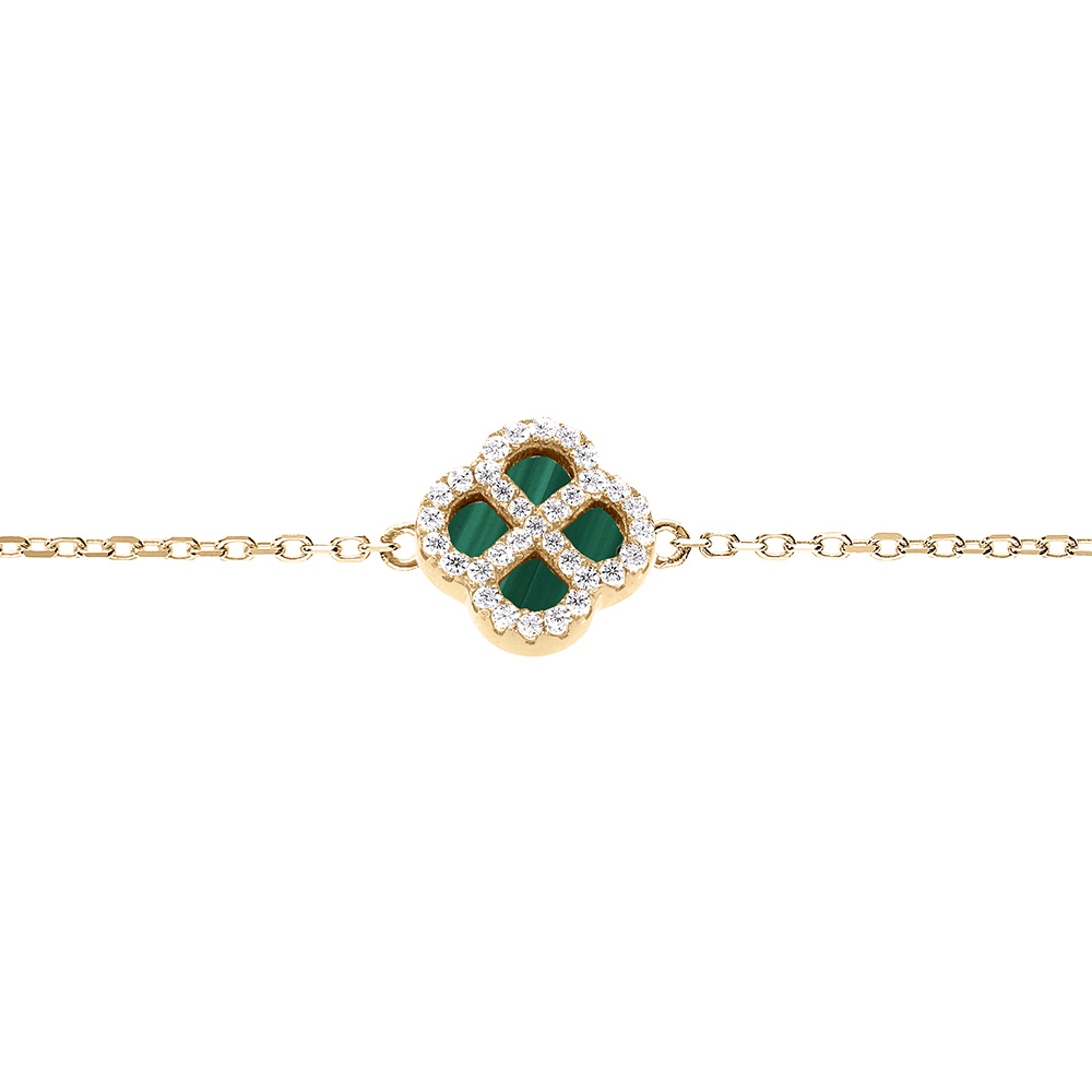 Bracelet en argent dor motif trfle malachite vritable et contour d\'oxydes blancs 16+3cm - Vue 1