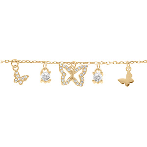 Bracelet en argent dor� pampilles papillons avec oxydes blancs sertis  - 1 5+3cm