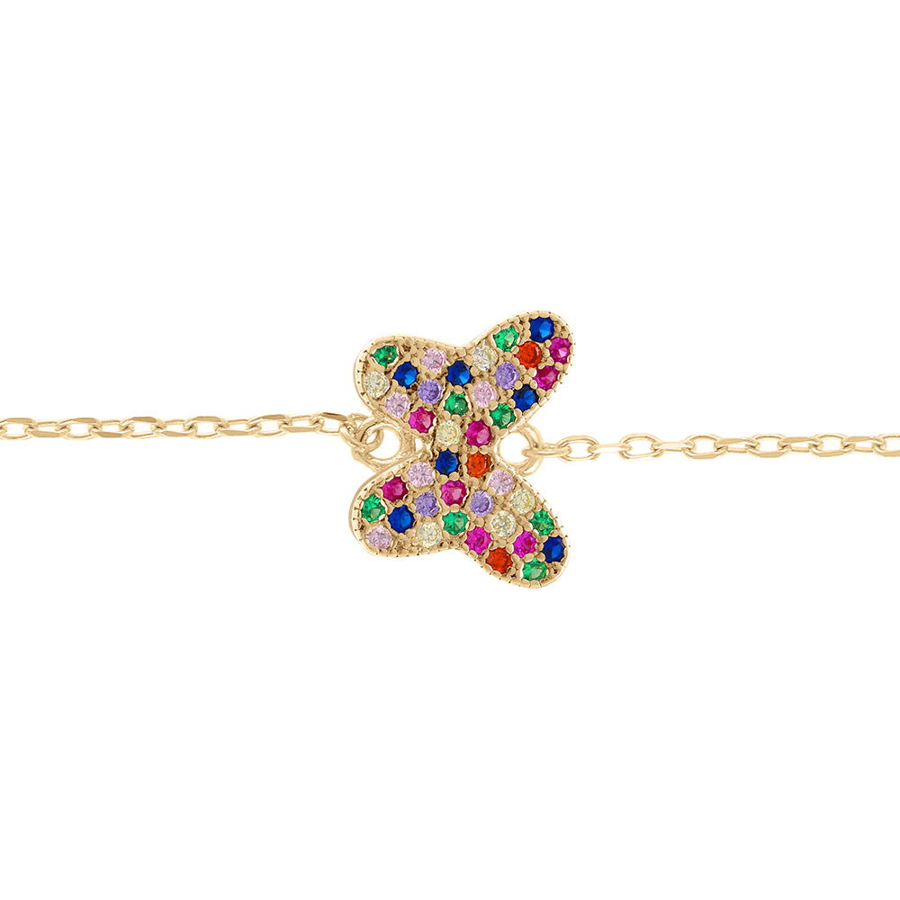 Bracelet en argent dor� papillon avec oxydes multi couleurs sertis - 15+3cm - Vue 1