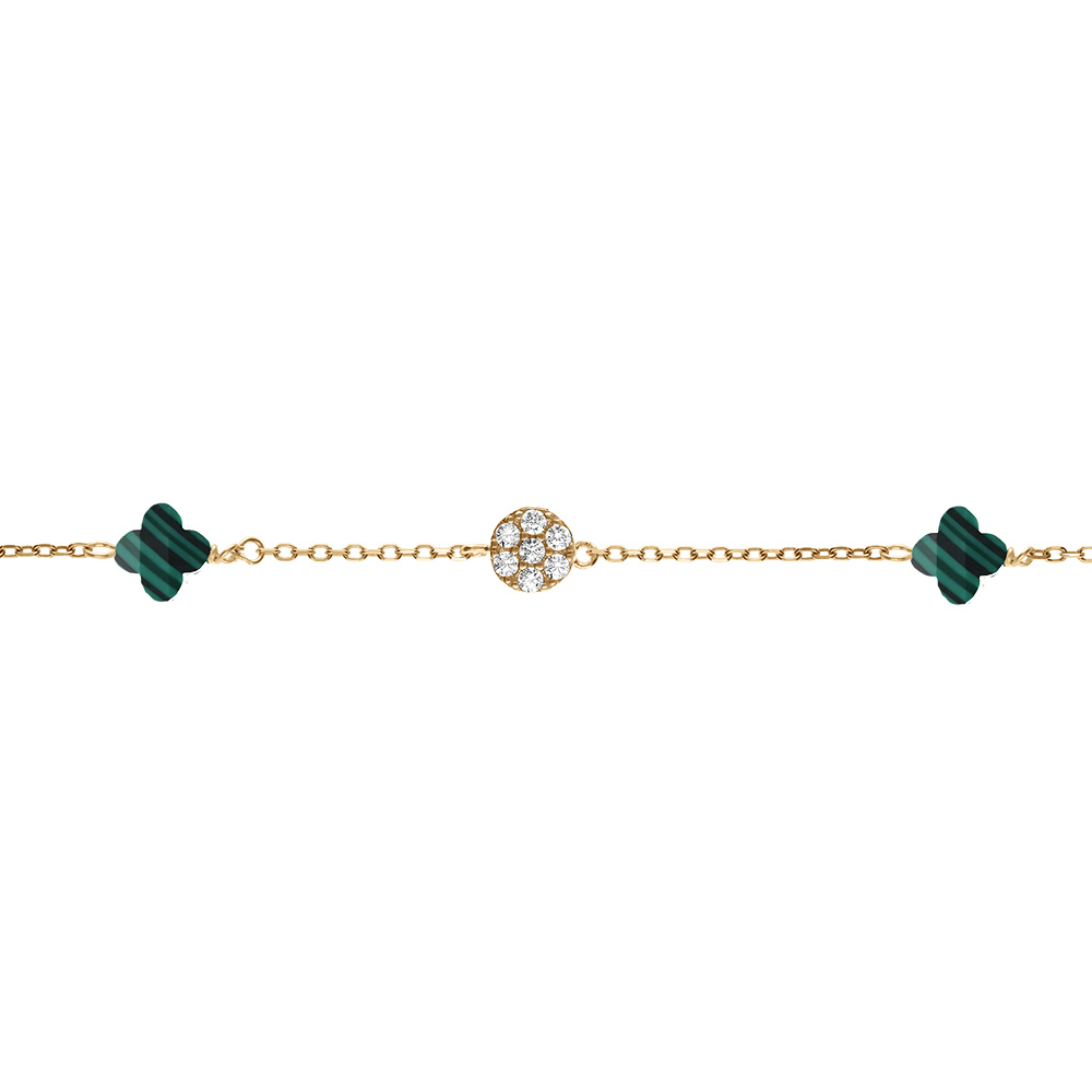 Bracelet en argent dor� tr�fle en verre vert malachite imitation et fleurs oxydes blancs 15.5+2.5cm - Vue 1