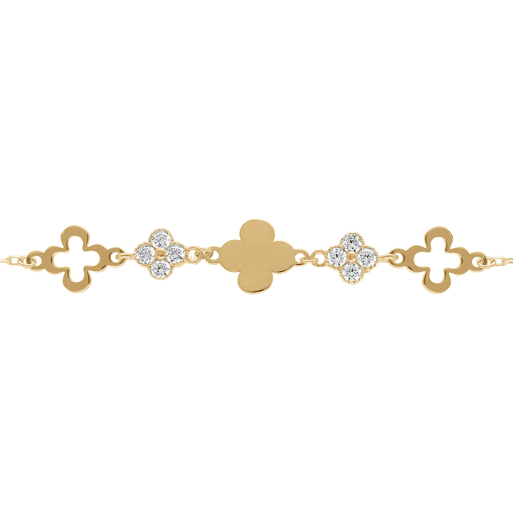 Bracelet en argent dor� tr�fles lisses et oxydes blancs - 15+3cm - Vue 1
