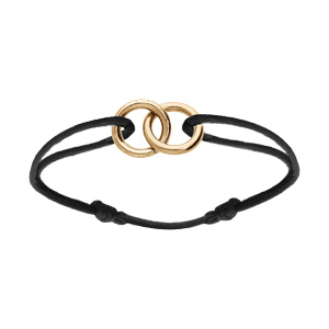 Bracelet en argent et dor jaune cordon noir coulisant avec motif 2 anneaux entrelac 10 x 10mm - Vue 1