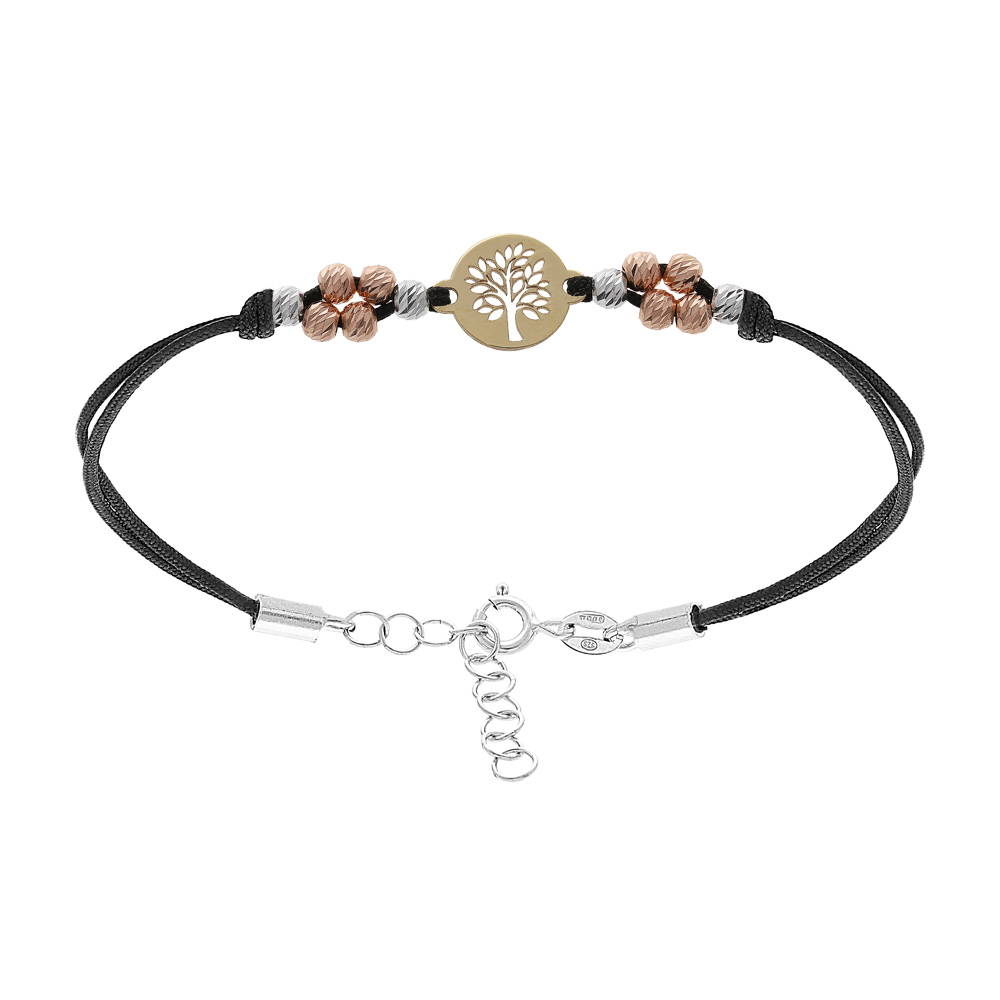 Bracelet en argent et dorure boules 3 tons et pastille arbre de vie 16+3cm - Vue 1