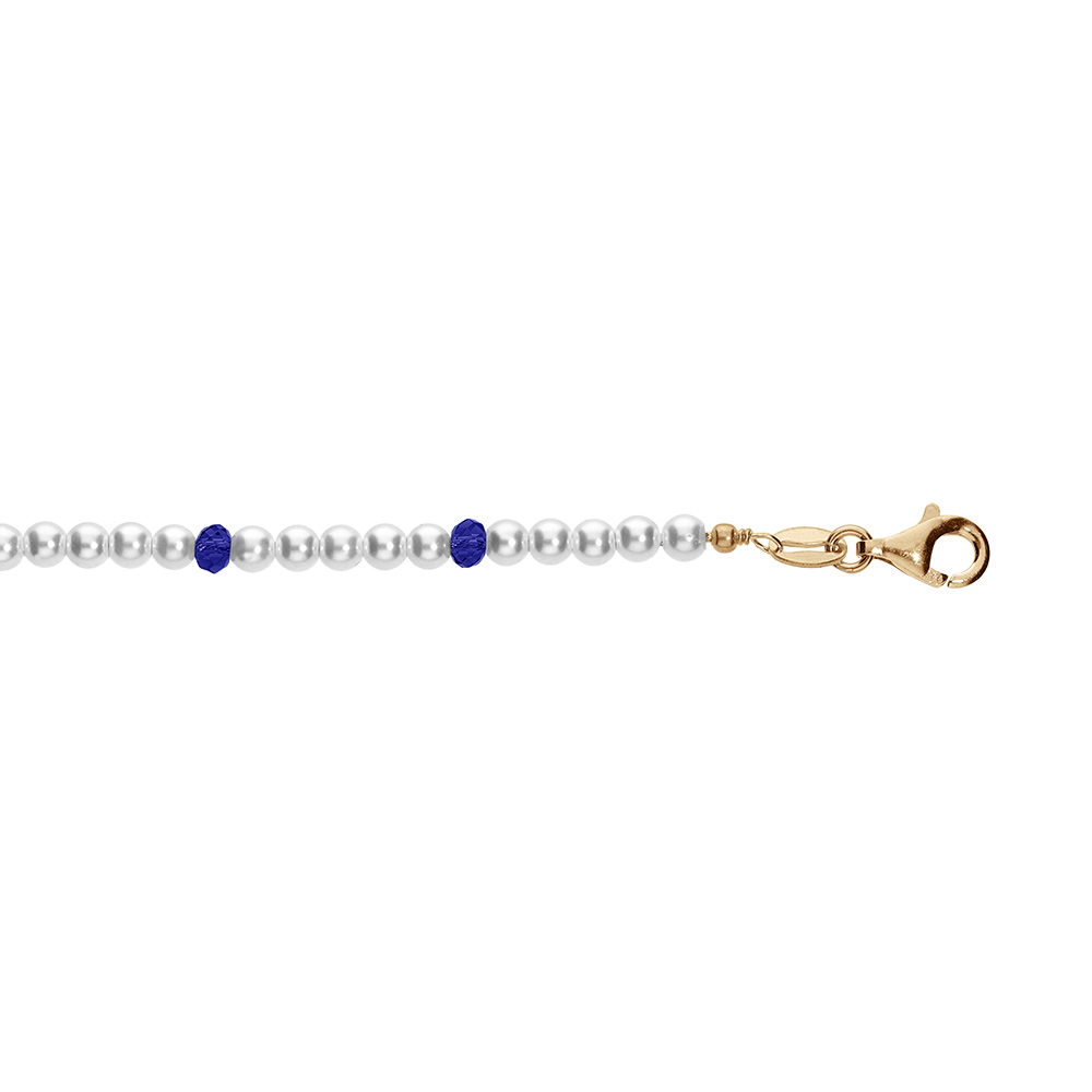 Bracelet en argent et dorure jaune avec perles 3mm blanche de synth�se et perles bleues 16+3cm - Vue 1
