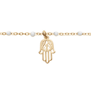 Bracelet en argent et dorure jaune chane avec boules couleur blanche avec main de Fatma 15+3cm - Vue 1