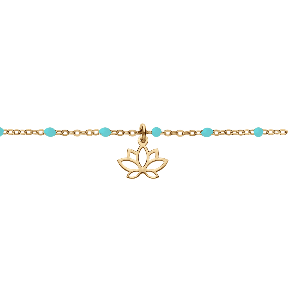 Bracelet en argent et dorure jaune cha�ne avec boules couleur bleu et pampille fleur de lotus 15+3cm - Vue 1