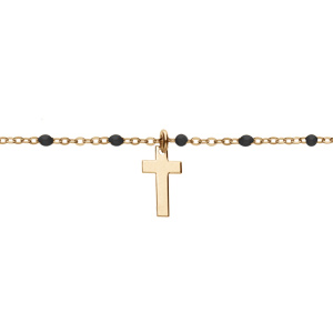 Bracelet en argent et dorure jaune chane avec boules couleur noire et pampille croix 15+3cm - Vue 1