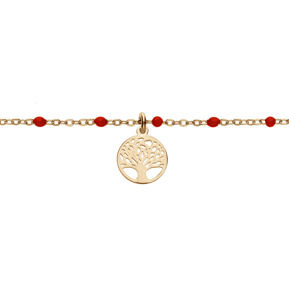 Bracelet en argent et dorure jaune cha�ne avec boules couleur rouge et pampille arbre de vie 15+3cm - Vue 1