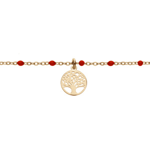 Bracelet en argent et dorure jaune chane avec boules couleur rouge et pampille arbre de vie 15+3cm - Vue 1