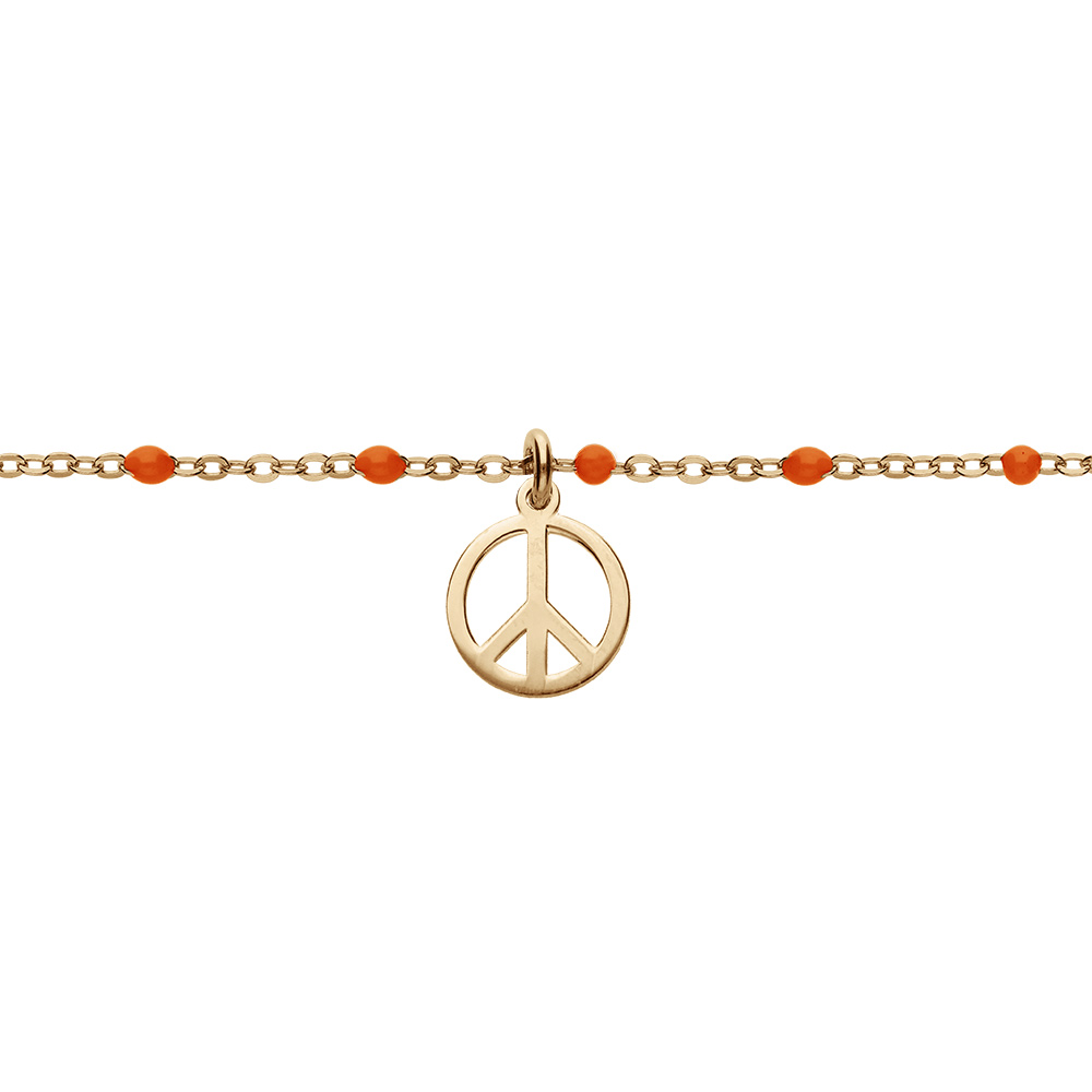 Bracelet en argent et dorure jaune cha�ne avec boules couleur rouge motif peace and love 15+3cm - Vue 1
