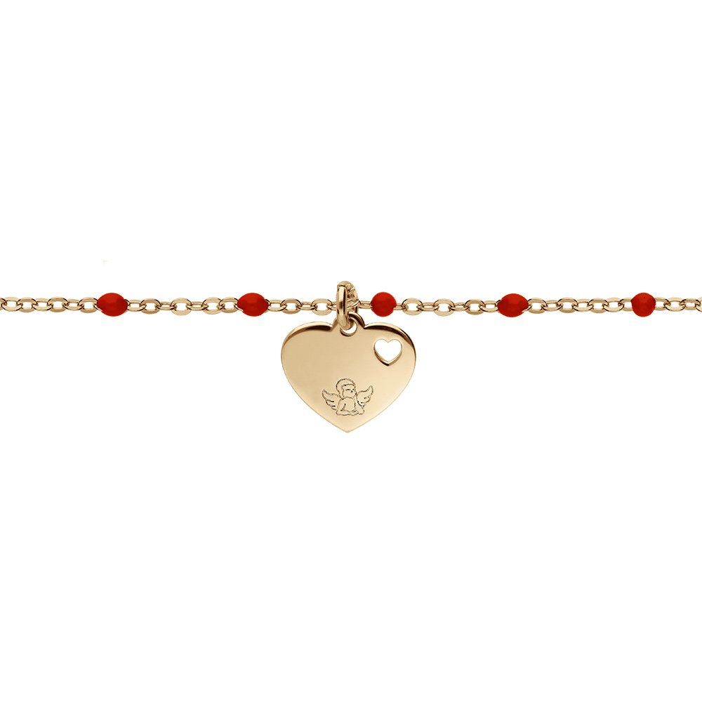 Bracelet en argent et dorure jaune cha�ne avec boules couleur rouges avec coeur 15+3cm - Vue 1