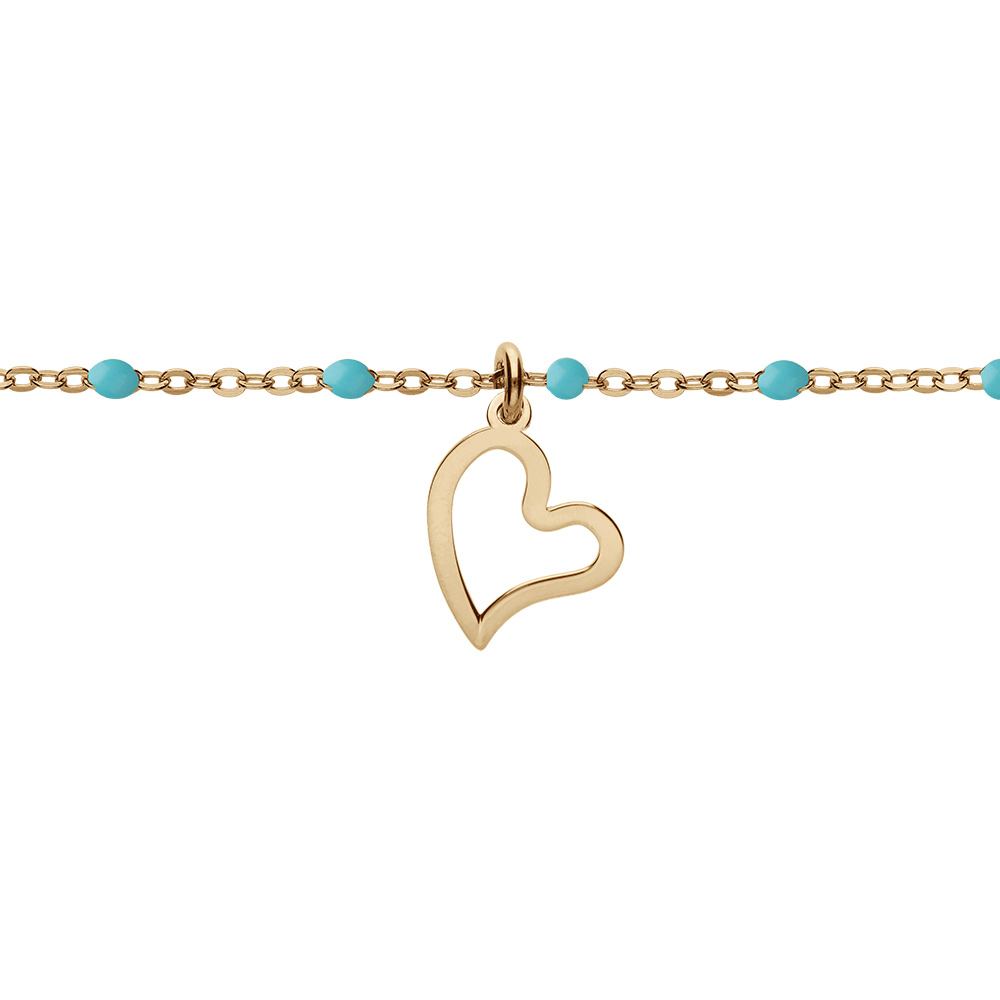 Bracelet en argent et dorure jaune cha�ne avec boules couleur turquoise avec pampille coeur 15+3cm - Vue 1