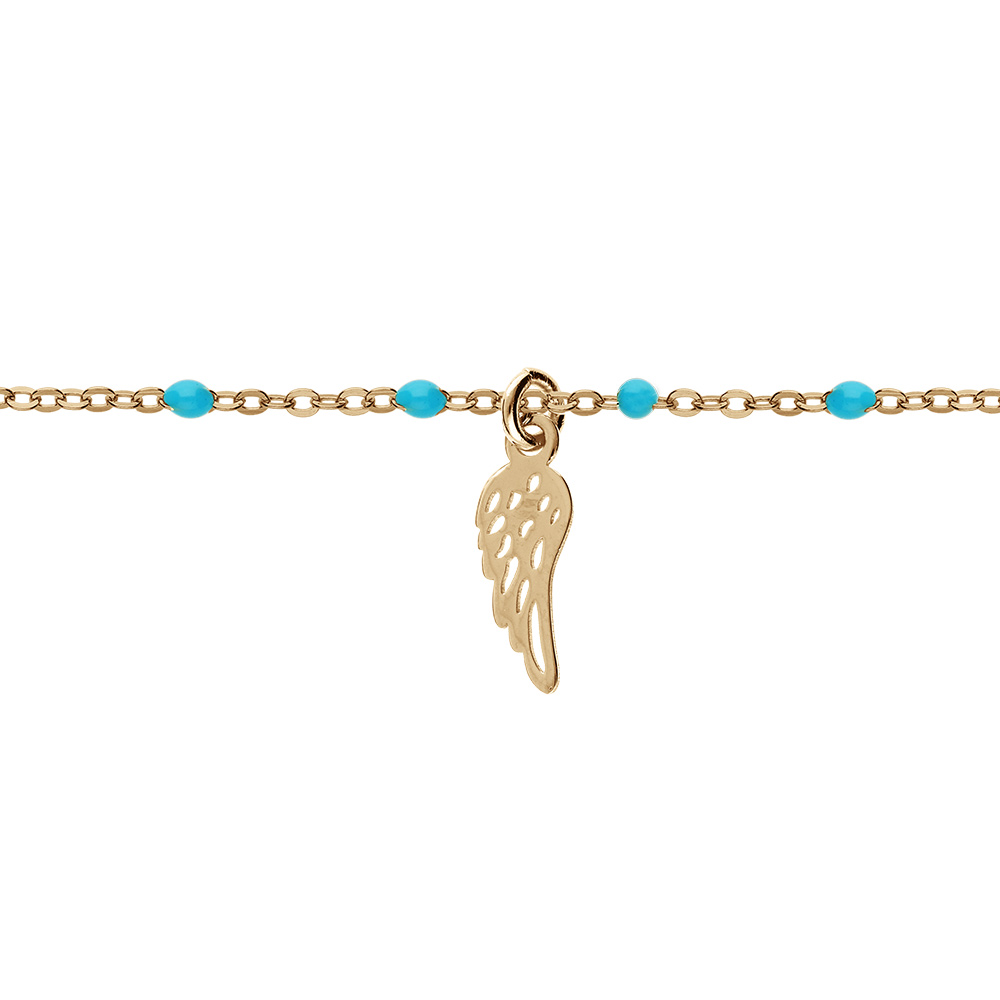 Bracelet en argent et dorure jaune cha�ne avec boules couleur turquoise et pampille plume 15+3cm - Vue 1