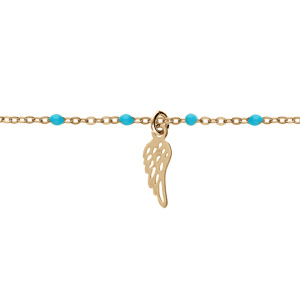 Bracelet en argent et dorure jaune chane avec boules couleur turquoise et pampille plume 15+3cm - Vue 1