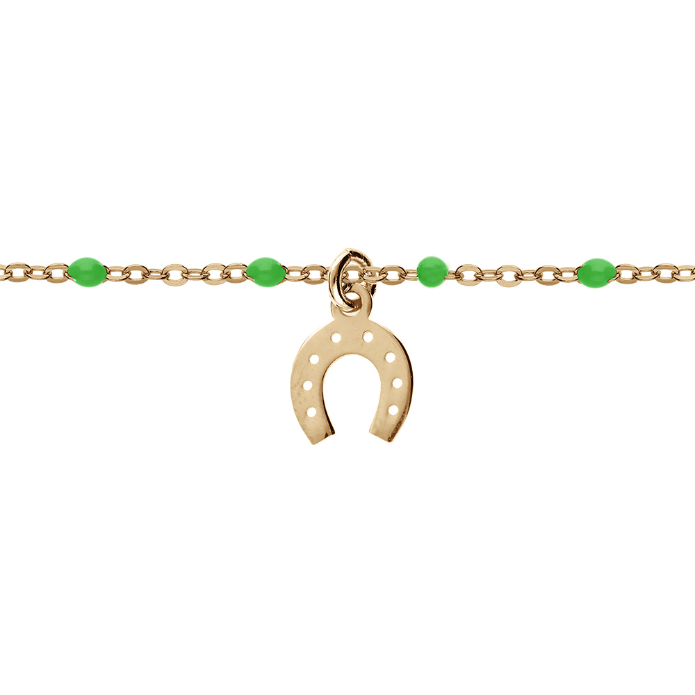 Bracelet en argent et dorure jaune cha�ne avec boules couleur verte et pampille fer � cheval 15+3cm - Vue 1